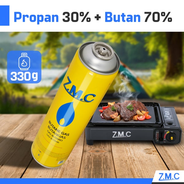 Gelbe Gaskartusche und tragbarer Grill für Camping