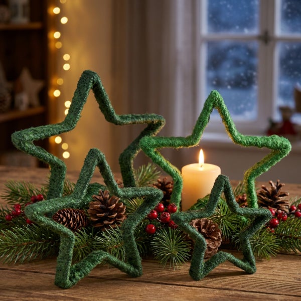Weihnachtliche Tischdekoration mit zwei sternförmigen Deko Objekten aus Jute, Tannenreisig, Zapfen und einer brennenden Stumpenkerze.