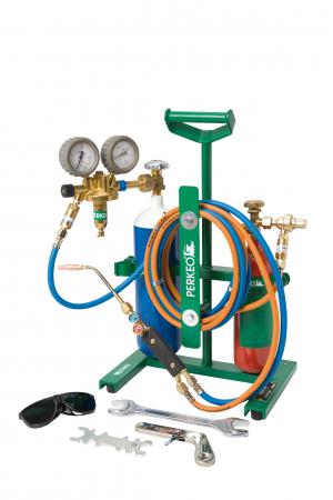 Perkeo Hartlötgerät-Set mit Gasflaschen, Druckreglern, Schlauchpaket, Brenner, Schutzbrille und Werkzeug auf einem grünen Tragegestell mit Perkeo Logo.