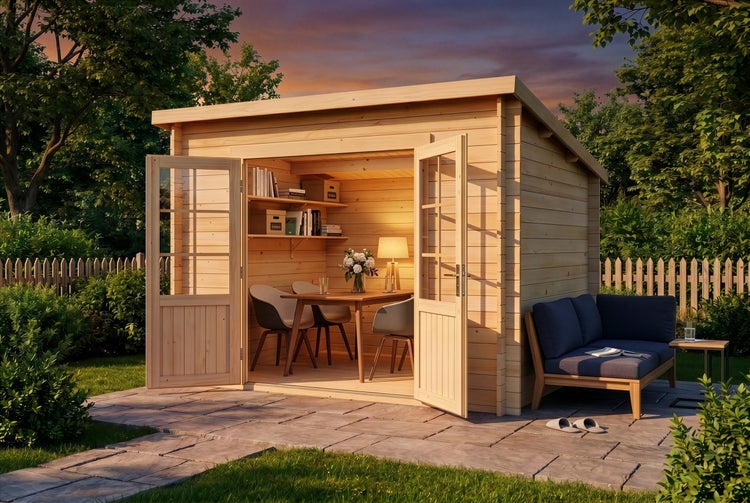 Gartenhaus aus Holz mit Pultdach und Doppeltür, eingerichtet als Heimbüro auf einer Terrasse mit Außensofa.