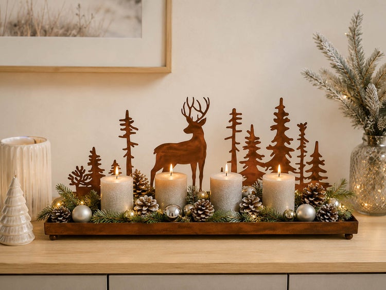 Weihnachtliche Tischdekoration mit Metallfiguren von Hirsch und Tannenbäumen, vier Stumpenkerzen und Tannenzapfen auf einem länglichen Metalltablett.