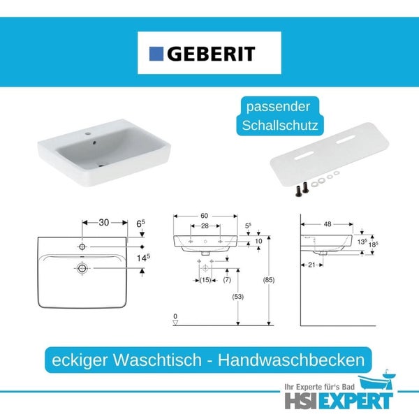 Abbildung eines eckigen Waschtisches mit zugehörigem Schallschutz und Maßangaben.