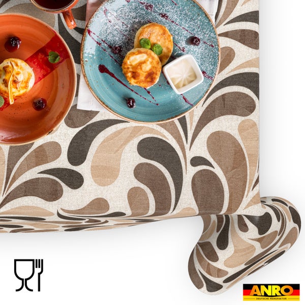 Abwaschbare Tischdecke mit Tropfenmuster in Braun und Beige, lebensmittelecht, ANRO Logo.