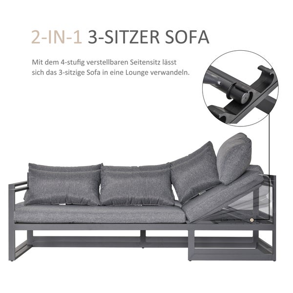 Outsunny 3-tlg. Gartengarnitur Gartenmöbel-Set 4-stufig verstellbar Gartenliege Gartenset Sitzgruppe mit Beistelltisch Sofa mit Kissen Outdoor Aluminium Grau
