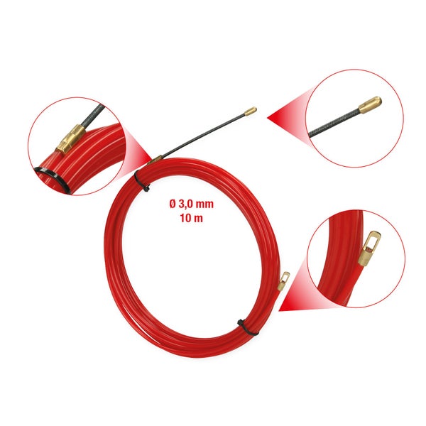 Rotes Einziehband aus Kunststoff mit flexibler Führungsfeder für die Elektroinstallation.