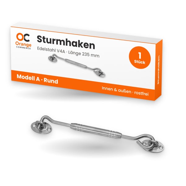 Sturmhaken aus Edelstahl V4A, Modell A rund, Länge 235 Millimeter, inklusive Verpackung von Orange Commerce Logo.