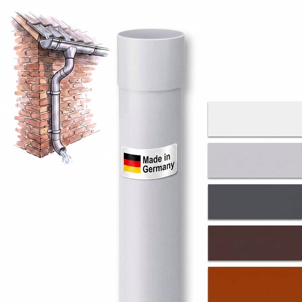 Kunststoff Fallrohr für Dachentwässerung mit Made in Germany Siegel und Auswahl an Farbmustern.