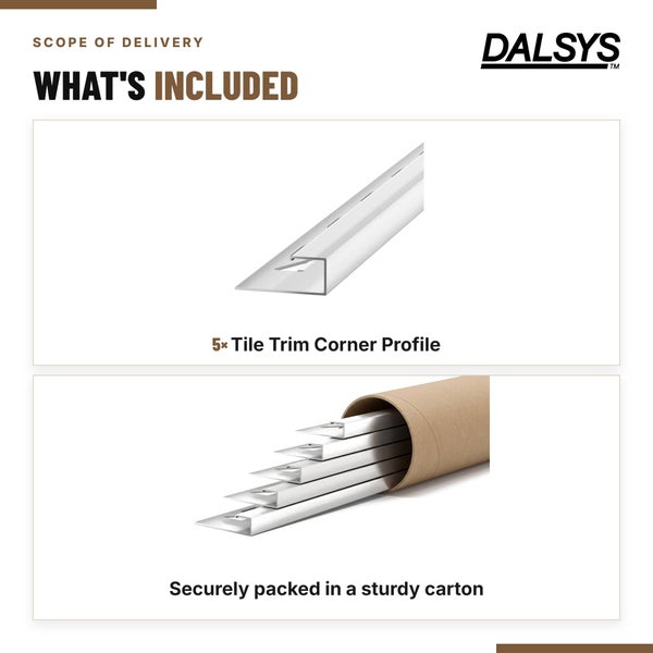 Lieferumfang von fünf Dalsys Fliesenprofilen aus Metall, sicher verpackt in einer stabilen Kartonrolle.