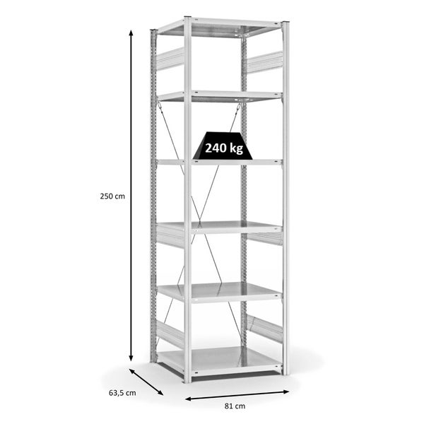 PROREGAL Fachbodenregal Stecksystem T-Profil Medium-Duty Grundregal HxBxT 250 x 75 x 60 cm 6 Ebenen Fachlast 240 kg Einseitig Nutzbar Lichtgrau