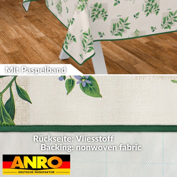 Tischdecke mit Kräutermuster und Paspelband sowie Rückseite aus Vliesstoff