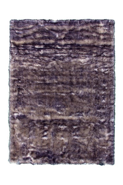 Rechteckiger Webpelz-Teppich mit langem Flor und melierter Struktur in Violett- und Grautönen.