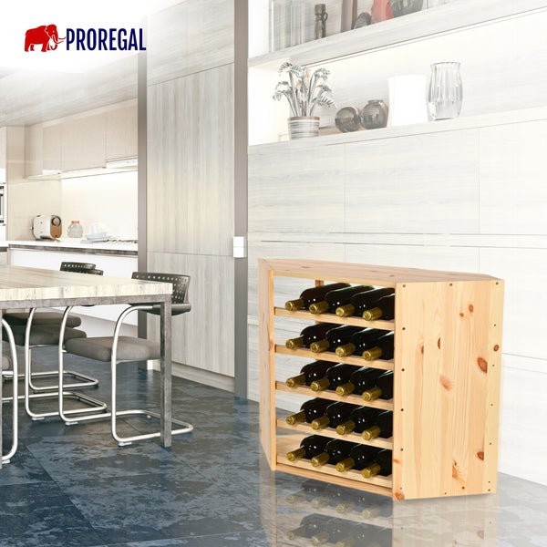 Weinregal aus Holz für 15 Flaschen in einer hellen, modernen Küche mit Esstisch. Proregal Logo.