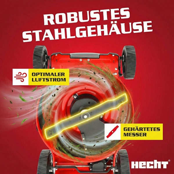Unteransicht eines Rasenmähers mit robustem Stahlgehäuse, gehärtetem Messer und optimalem Luftstrom. Hecht Logo.