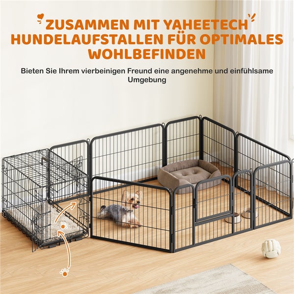 Hundelaufstall aus Metall mit Hund darin, Hundehütte und Spielzeug für Hunde