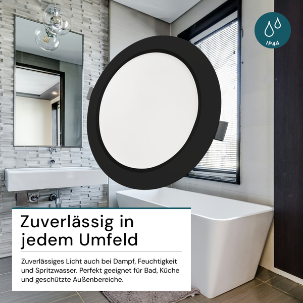 Badezimmer mit eingebauter LED-Deckenleuchte und Schutzart IP44