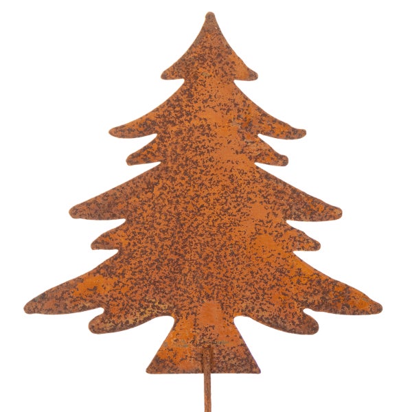 Silhouette eines Weihnachtsbaums aus Metall in Edelrost-Optik, Dekostecker für den Garten.