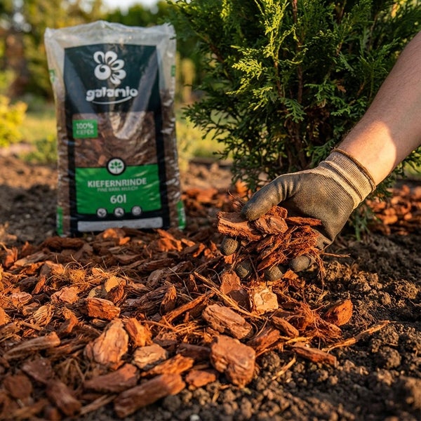 Hand mit Arbeitshandschuh verteilt Galamio Kiefernrinde aus einem 60 Liter Sack auf einem hellen, organisierten Gartenbeet neben einer Pflanze.