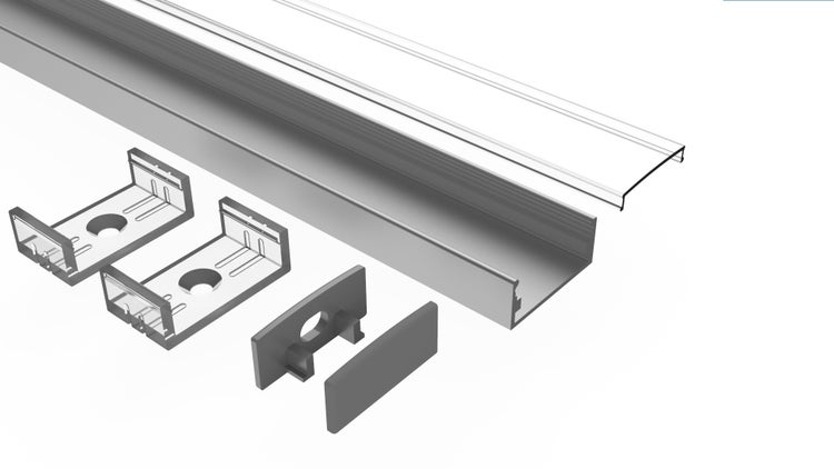 TIVENDIS Led Alu Profil 2 m AB Komplett Set für Strip / Streifen bis 20 mm breit | Abdeckung transparent klar, Endkappen, Befestigungclips | U-Form Aufputz Deckenleiste Wandprofil eloxiert