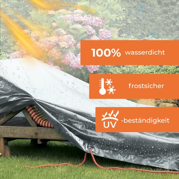 Wasserdichte, frostsichere und UV-beständige Schutzhülle für Gartenliege im Außenbereich, 100 Prozent wasserdicht, mit roter Befestigungskordel.