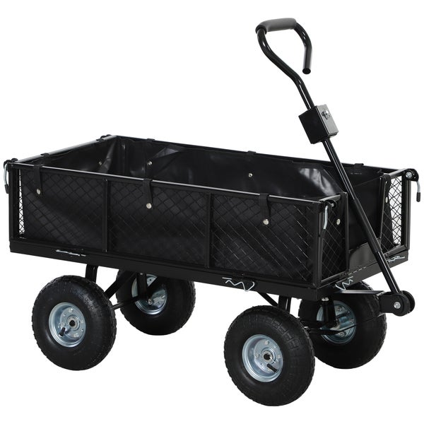 Outsunny Gartenwagen 300 kg belastbar Transportwagen mit Luftreifen, herausnehmbare Plane Griff Rädern Lenkachse Bollerwagen Handwagen Gartenkarre 114 L Gerätewagen für Haus Garten Schwarz