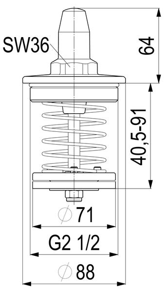 Technische Zeichnung Ventileinsatz mit Schlüsselweite 36, Gesamthöhe 64, Bereich 40,5 bis 91, Durchmesser 71 und 88, Gewinde G 2 1/2.