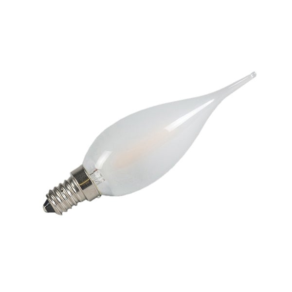 LED-Kerzenlampe in Windstoßform mit E14-Sockel und mattiertem Glas.