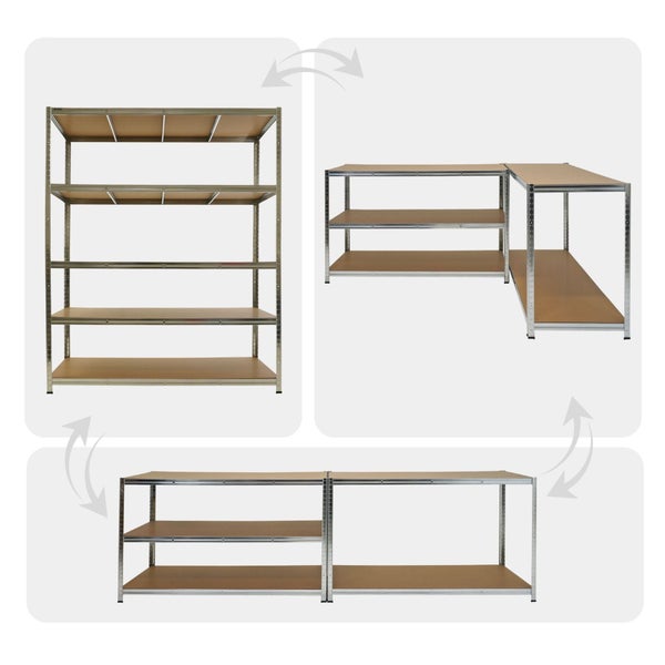 Modulares Schwerlastregal aus Metall mit Holzböden, verschiedene Aufbauvarianten als hohes Regal, Eckregal oder Werkbank.