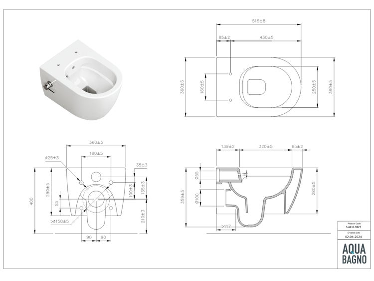 Aqua Bagno Taharet Hänge-Dusch-WC New Cloud 2.0 – Spülrandlos – Weiß – Bidetfunktion mit Warm-/Kaltwasser