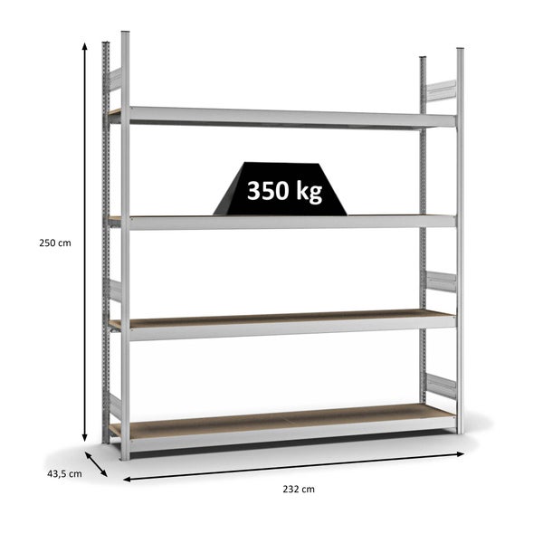 PROREGAL Weitspannregal Stecksystem T-Profil Grundregal HxBxT 250x225x40 cm 4 Ebenen Spanplatten Fachboden Fachlast 350 kg Verzinkt