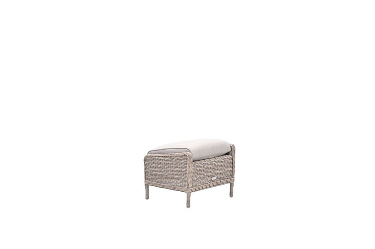 Hocker aus Polyrattan-Geflecht mit Sitzkissen für den Außenbereich.