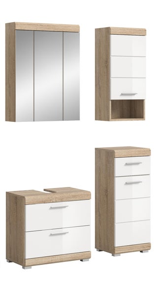 Badezimmermöbel-Set in Eiche-Optik mit weißen Hochglanz-Fronten, bestehend aus Spiegelschrank, Waschbeckenunterschrank und zwei Beistellschränken.