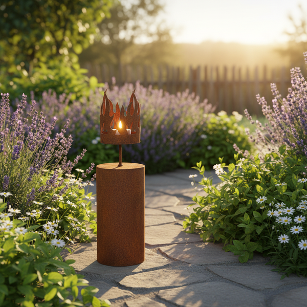 Rostfarbene Gartenfackel mit Flammenkrone auf zylindrischem Sockel an einem Gartenweg mit Lavendel und Blumen.