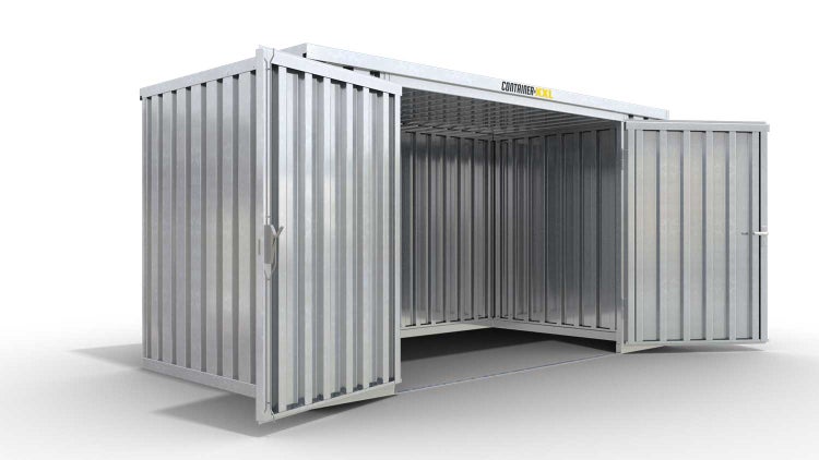 Lagercontainer Gerätehaus XXL  – 12 qm, H2115 x B6080 x T2170 mm, verzinkt, ohne Fußboden, 2750 mm Doppelflügeltür mittig in Breitseite, zerlegt