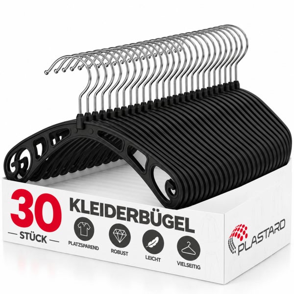 Set mit 30 Plastard Kunststoff Kleiderbügeln in stapelbarer Verpackung für platzsparende Kleideraufbewahrung im Schrank.
