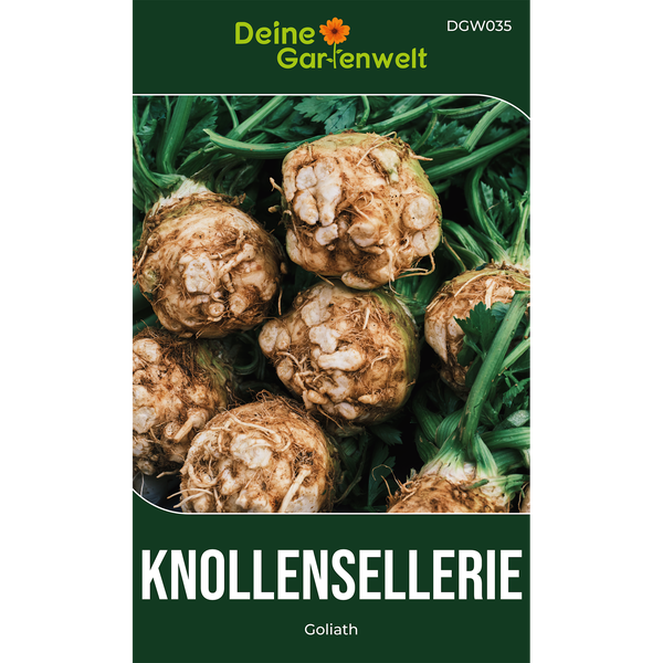 Deine Gartenwelt Samentüte für Knollensellerie Goliath mit einer Abbildung von geernteten Sellerieknollen.