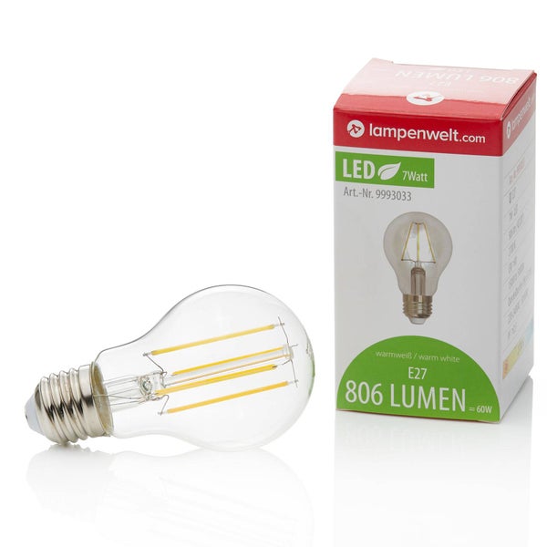 LED Filament Leuchtmittel E27, 7 Watt entspricht 60 Watt, 806 Lumen, warmweiß, klares Glas mit Verpackung, lampenwelt.com Logo.