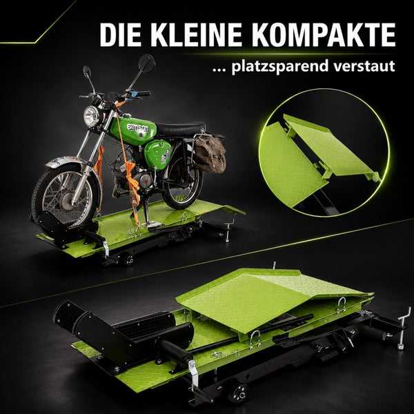 Kompakte Motorradhebebühne aus Metall mit einem Moped sowie eine Ansicht der Hebebühne im zusammengeklappten Zustand für platzsparende Lagerung.