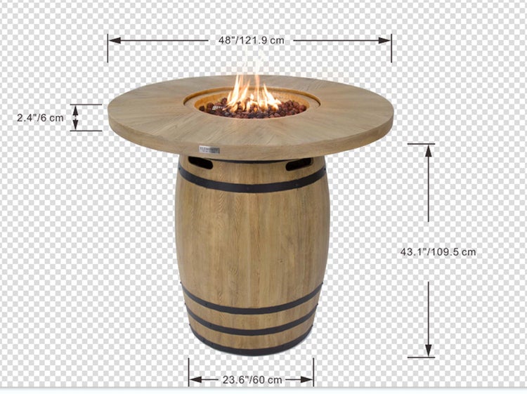 Gas-Feuertisch Elementi in Fass-Optik: Durchmesser 121,9 Zentimeter, Höhe 109,5 Zentimeter, Basis 60 Zentimeter, Plattenstärke 6 Zentimeter.