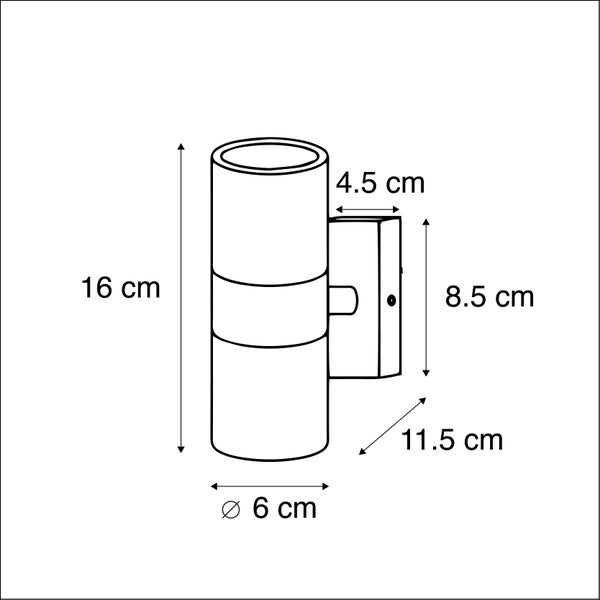 Maßzeichnung Wandleuchte: Höhe 16 Zentimeter, Durchmesser 6 Zentimeter, Halterung 8,5 Zentimeter, Tiefe 11,5 Zentimeter, Abstand 4,5 Zentimeter.