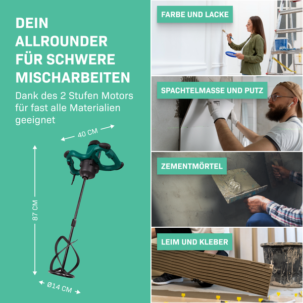 VONROC Betonmischer inkl. Rührwerk [1800W] - Quirl Mörtelrührer [mit Sanftanlauf] für Beton, Zement, Farbe, Mörtel - 2 Geschwindigkeitsmodi