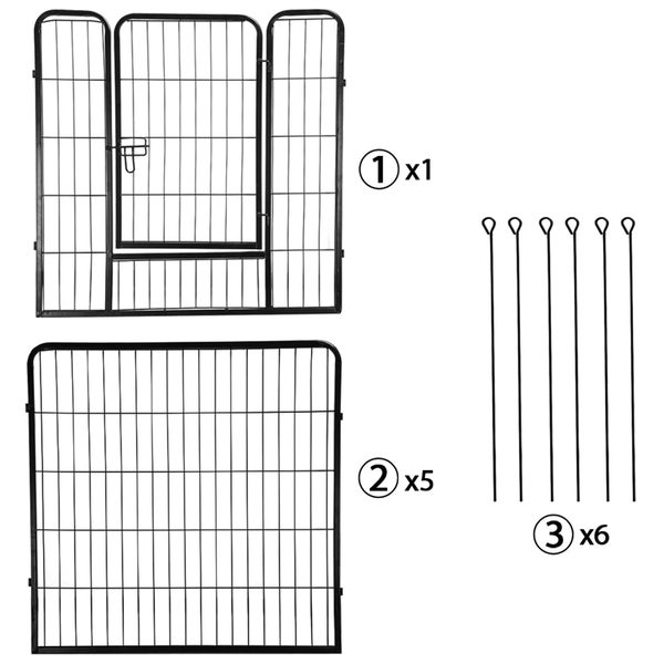 Bestandteile eines Hundezauns: Tür, Gitterelemente und Befestigungsstifte