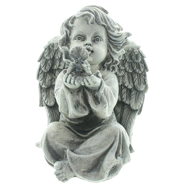 Engel Gartenfigur mit Vogel in den Händen