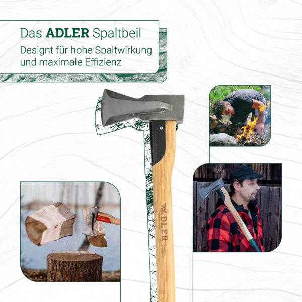 Adler Spaltbeil mit Holzstiel für effizientes Holzspalten. Produktpräsentation mit Anwendungsbeispielen beim Holzhacken und am Lagerfeuer.