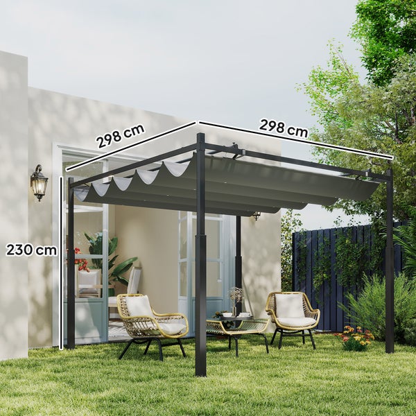 Quadratische Pergola mit ausziehbarem Sonnensegel aus Stoff, Maße 298 mal 298 Zentimeter, Höhe 230 Zentimeter, auf Rasenfläche mit Gartenmöbeln.