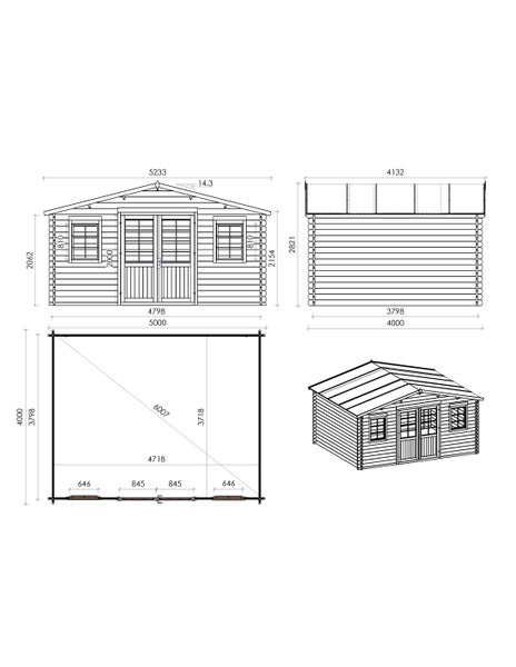 Technische Zeichnung eines Gartenhauses aus Holz mit Bemaßungen, Vorderansicht, Seitenansicht, Grundriss und perspektivischer Darstellung.