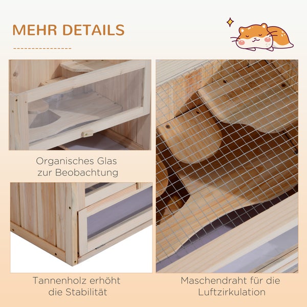 PawHut Hamsterkäfig aus Holz für Zwerghamster Nagerkäfig Kleintierkäfig mit Gitterdach und Rampe, Nagarium Käfig 60 x 35 x 42 cm Naturholz