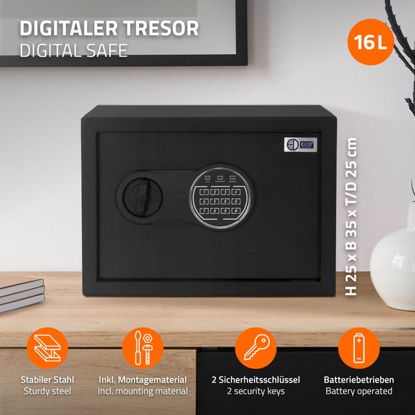 ECD Germany Safe Tresor 16L 35x25x25cm, stabiler Stahl, Wandtresor mit Sensorlicht & Digitale Tastatur für Schmuck Bargeld Dokumente, Elektronischer Möbeltresor Geldkassette mit PIN-Code & Schlüssel