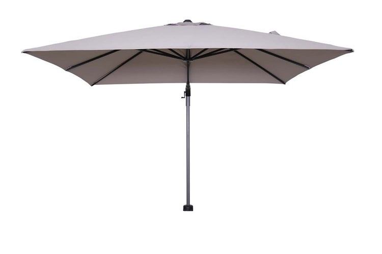Quadratischer Sonnenschirm mit Kurbel und grauem Bezug.