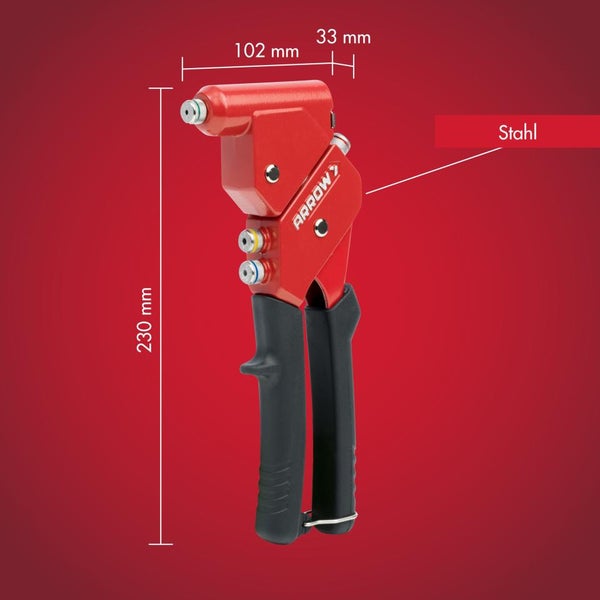 Rote und schwarze Arrow Handnietzange aus Stahl, Höhe 230 Millimeter, Breite 102 Millimeter, Kopfabstand 33 Millimeter.