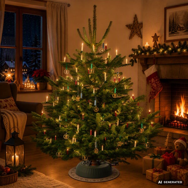 Weihnachtsbaum mit elektrischer Beleuchtung, geschmückt mit Baumschmuck und Kerzen, auf einem stabilen Weihnachtsbaumständer in einem Wohnzimmer.